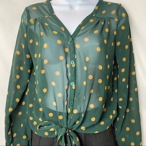 Mine Green with Gold Polka Dots Sheer blouse Small